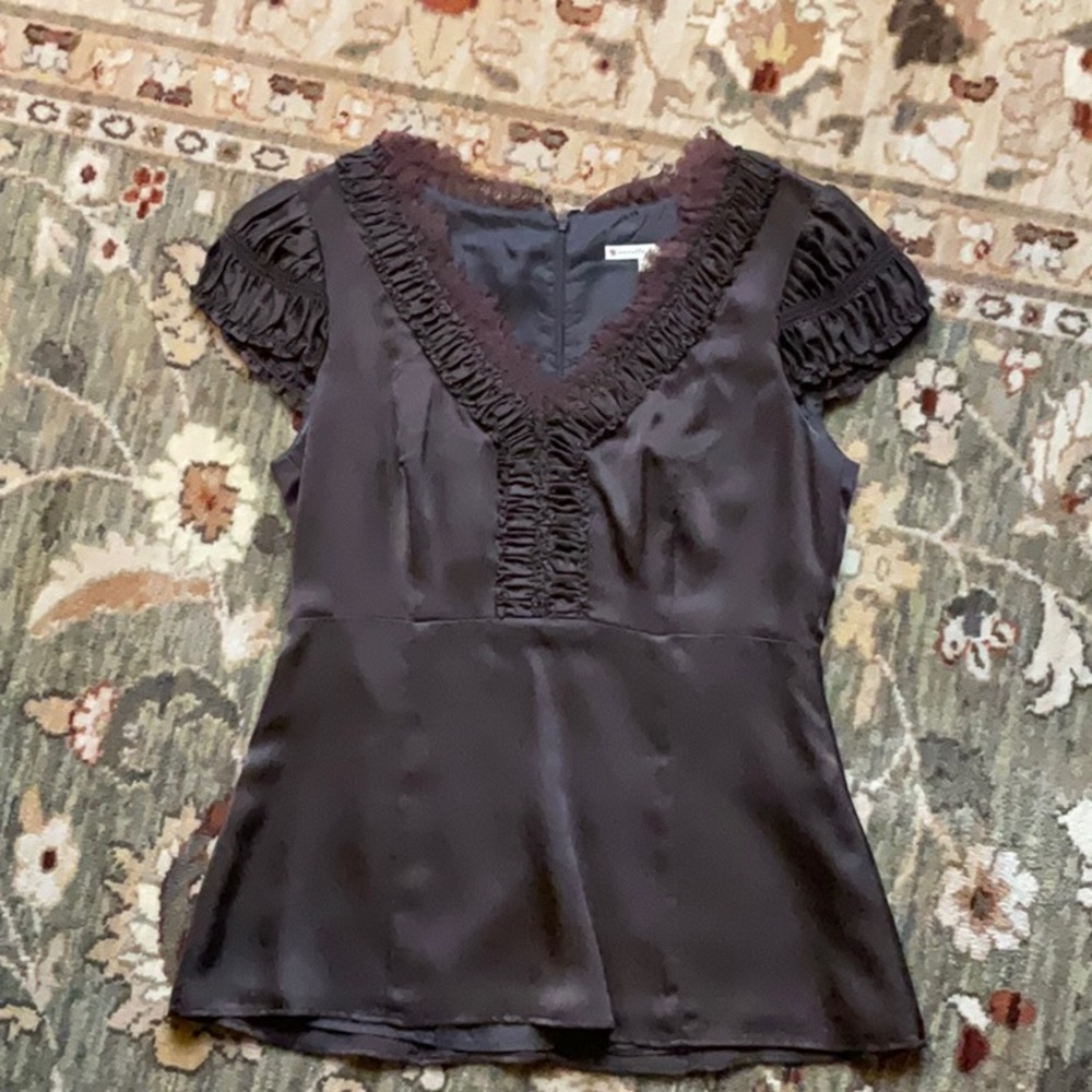 Nanette Lepore Chocolate Brown Silk V-Neck Dress Shirt